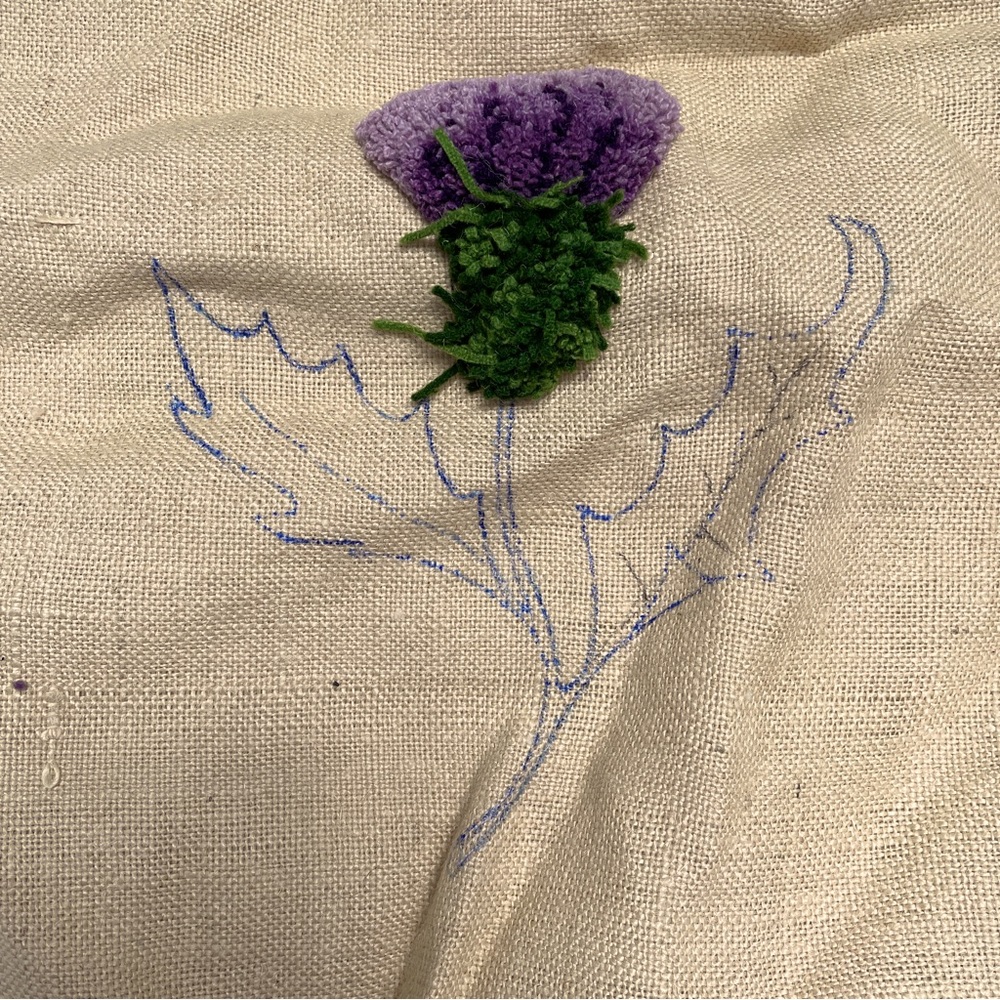 Burlap Fabric Stamped Embroidery Project Scottish Thistle Started Not Completed